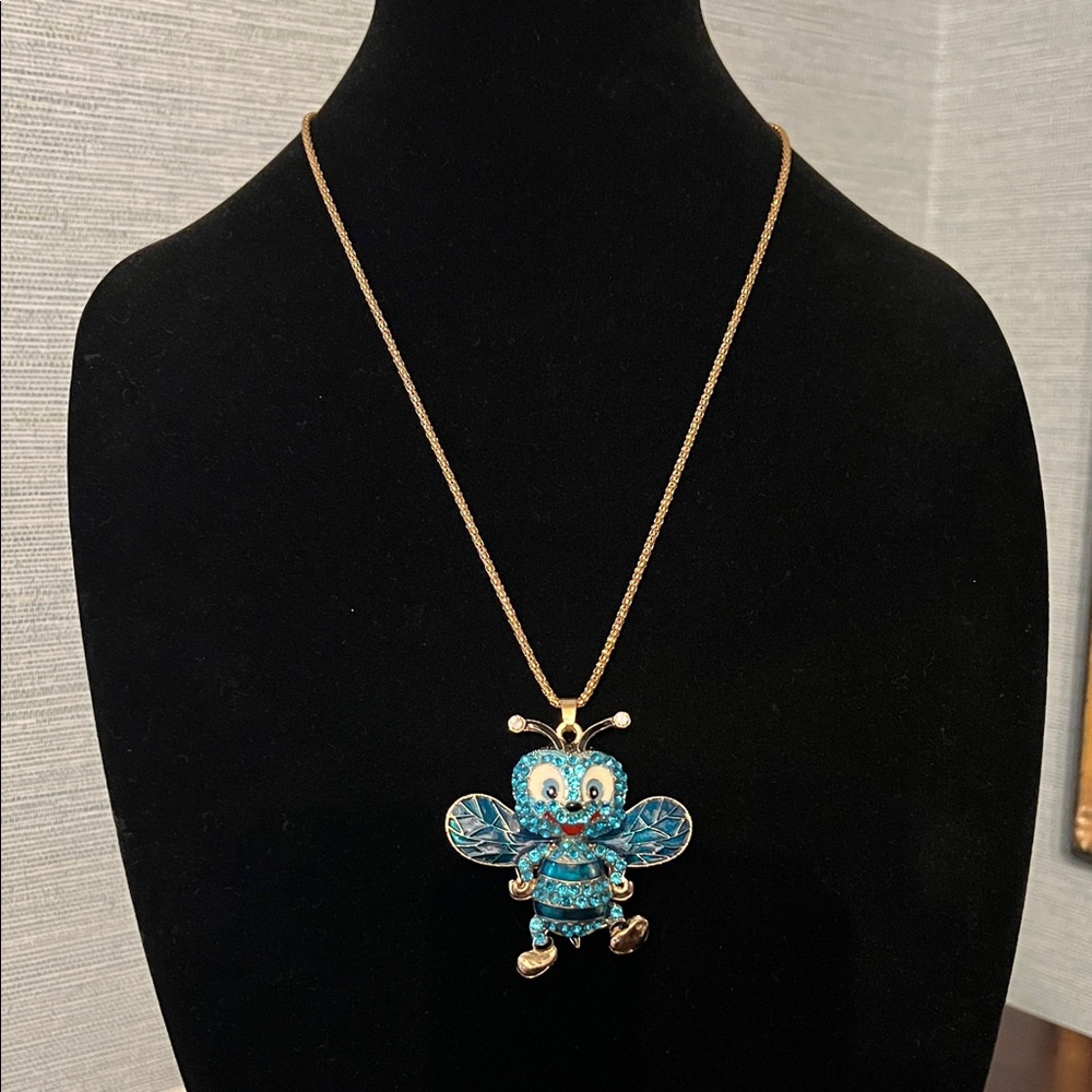 Gold and Blue Honeybee Pendant Necklace